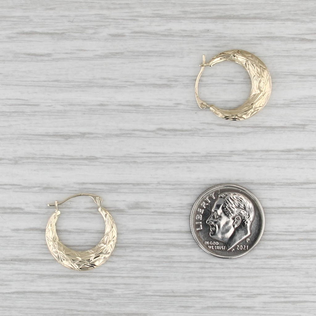 Small Etched Hoop Earrings 10k Yellow Gold Snap Top Post Round Hoops 18 x 2.5 mm