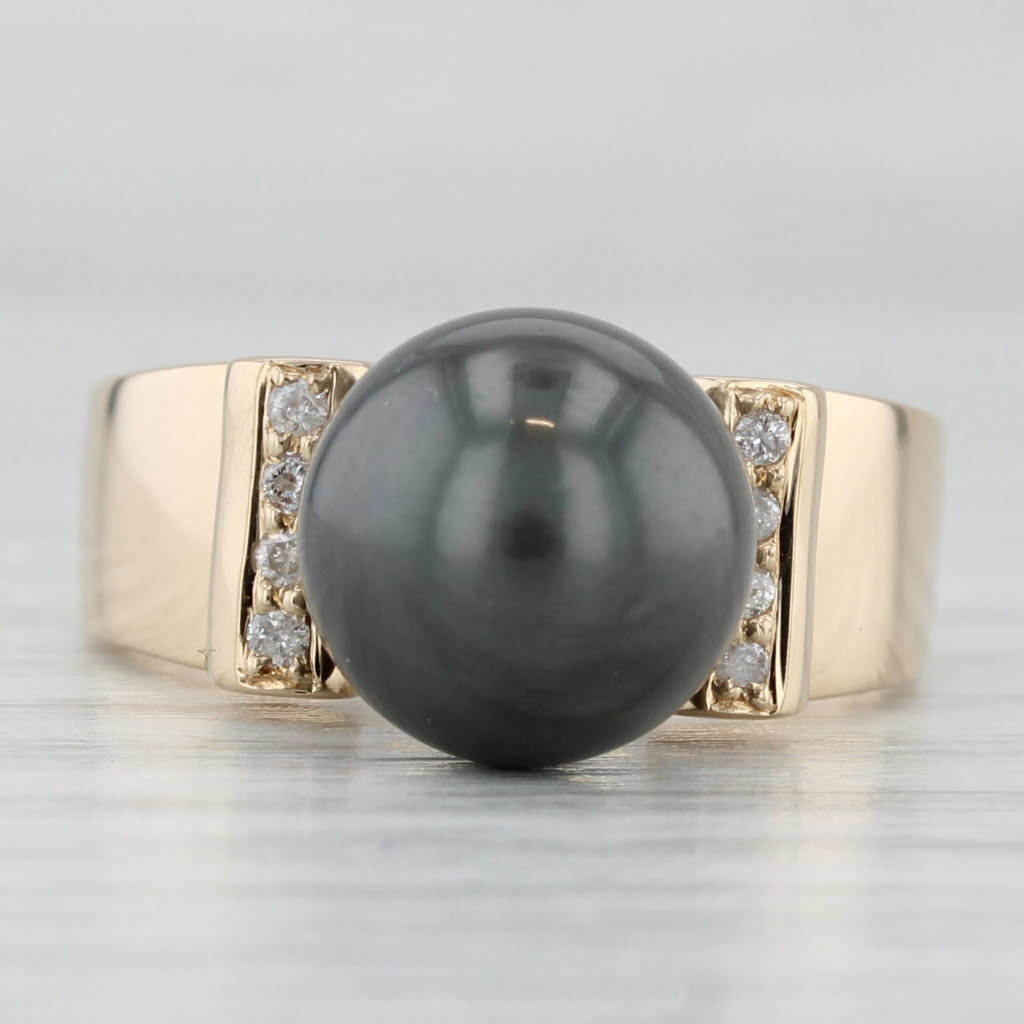 Light Gray Cultured Black Gray Pearl Diamond Ring 14k Yellow Gold Size 7.25