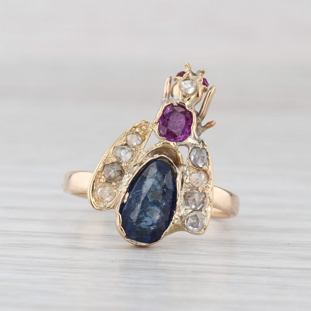 Vintage 1.63ctw Diamond Sapphire Ruby Bee Ring 10k Yellow Gold Size 7