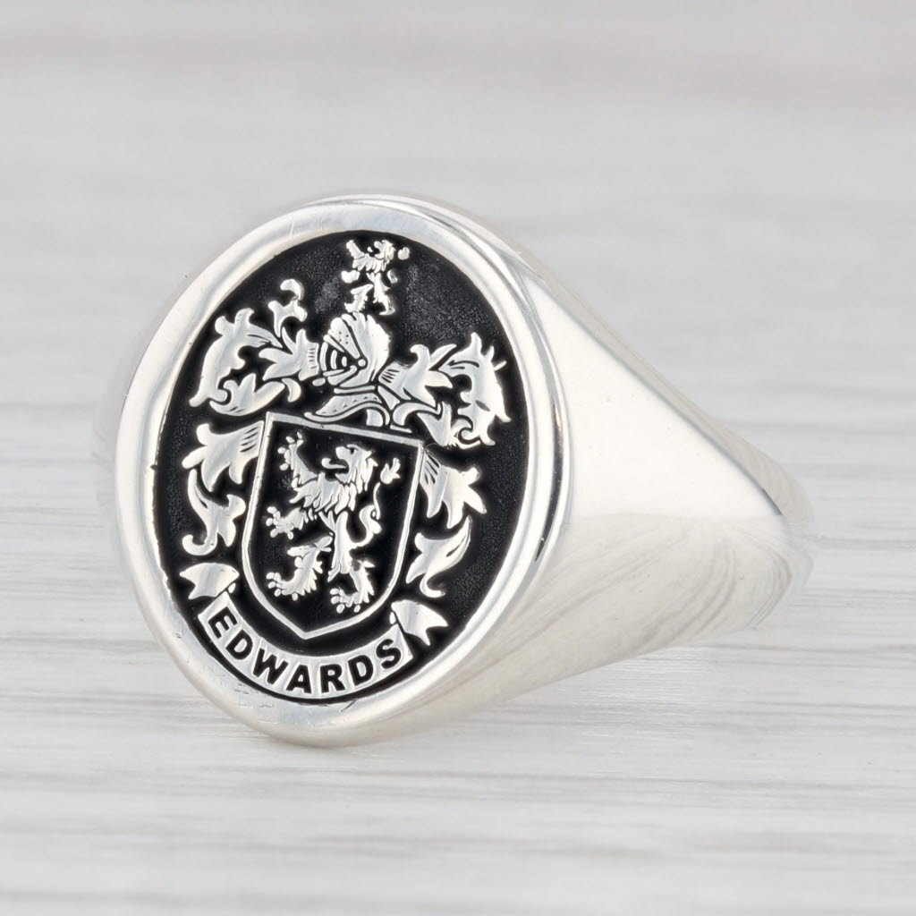 Light Gray Edwards Family Crest Coat of Arms Sterling Silver Signet Ring Size 7.25