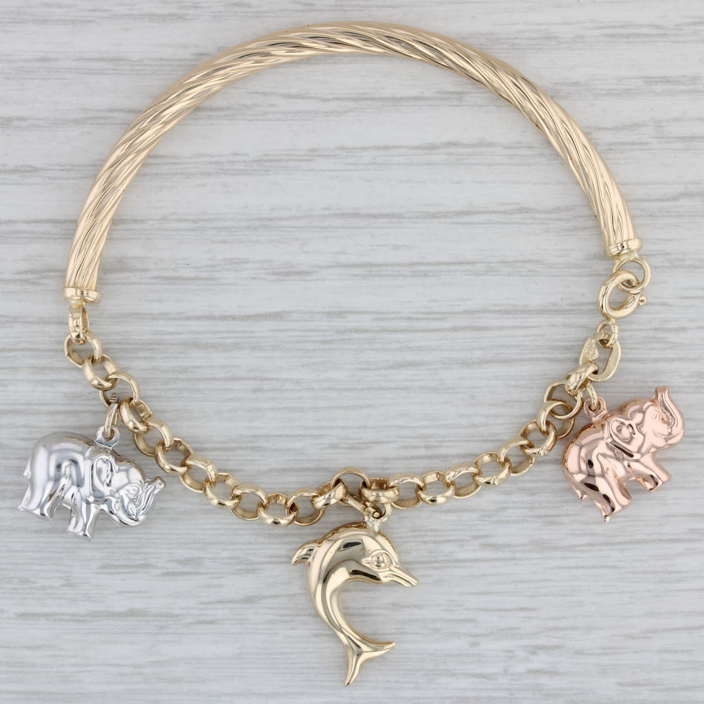 Gray Elephant Dolphin Hand Bangle Charm Bracelet 10k Gold 7" Good Luck