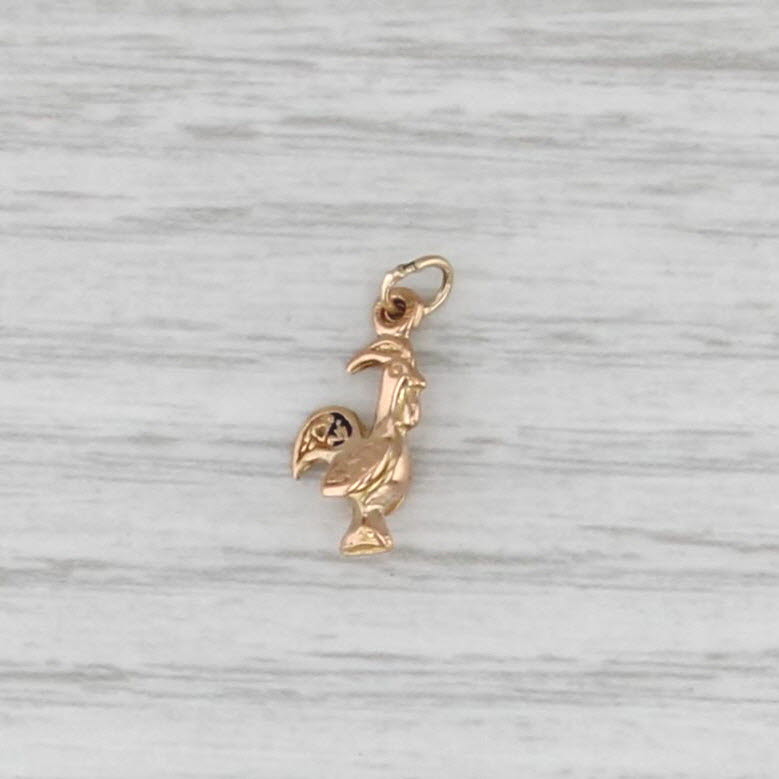 Small Rooster Charm 18k Yellow Gold Pendant Potugal 3D Farm Animal