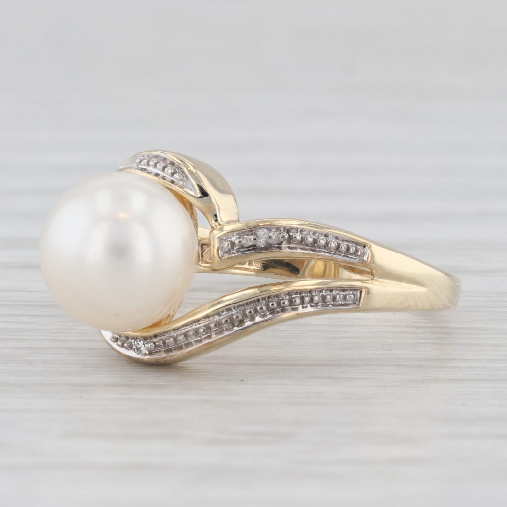 Light Gray Cultured Pearl Diamond Bypass Ring 10k Yellow Gold Size 7