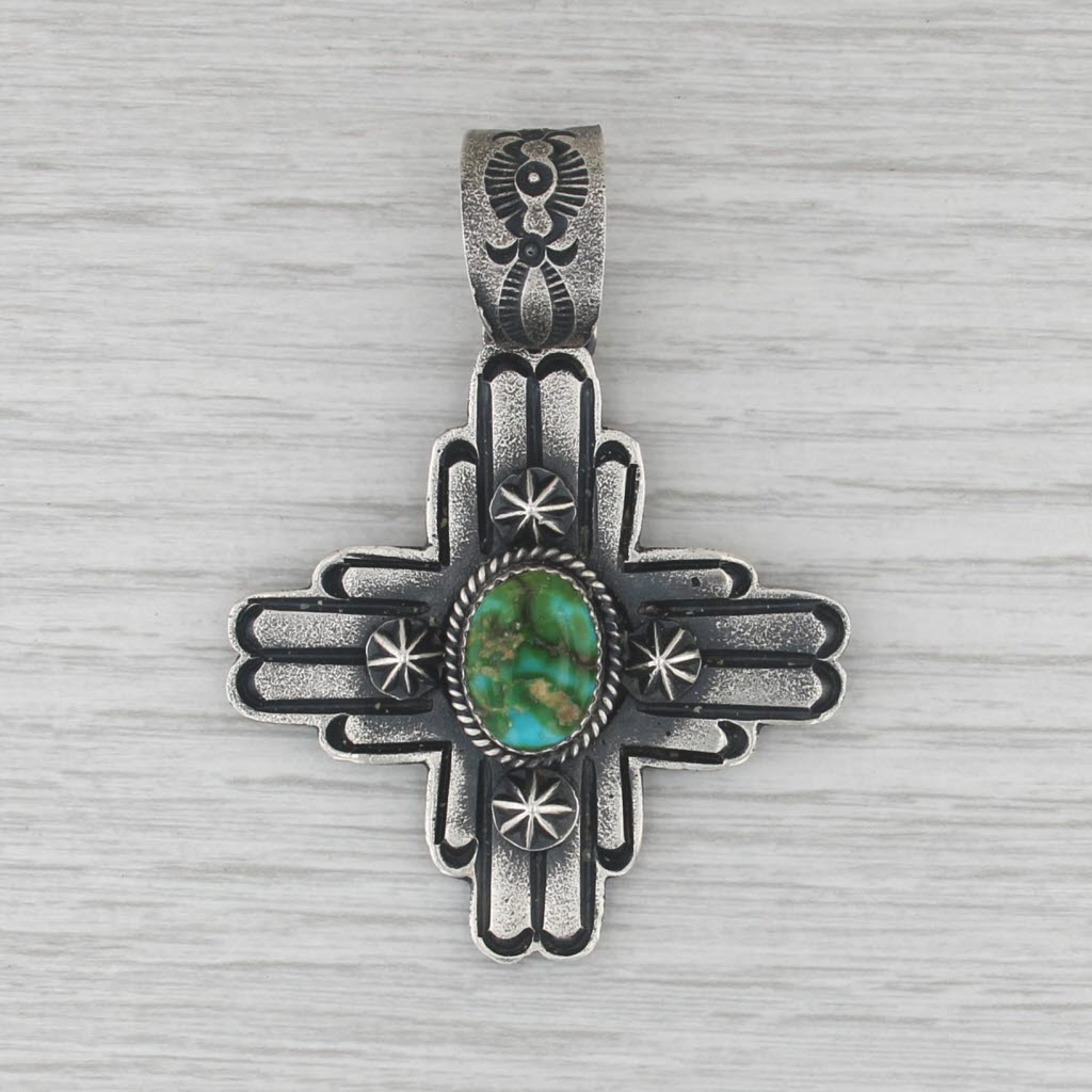 Kevin Billah Native American Turquoise Cross Pendant Sterling Silver Vintage