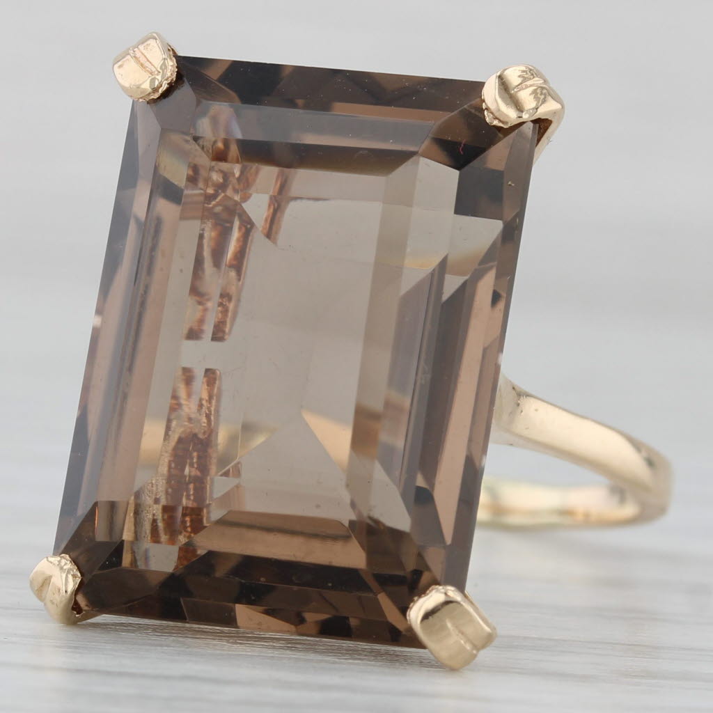 Gray 22.80ct Emerald Cut Smoky Quartz Ring 14k Yellow Gold Size 7.5