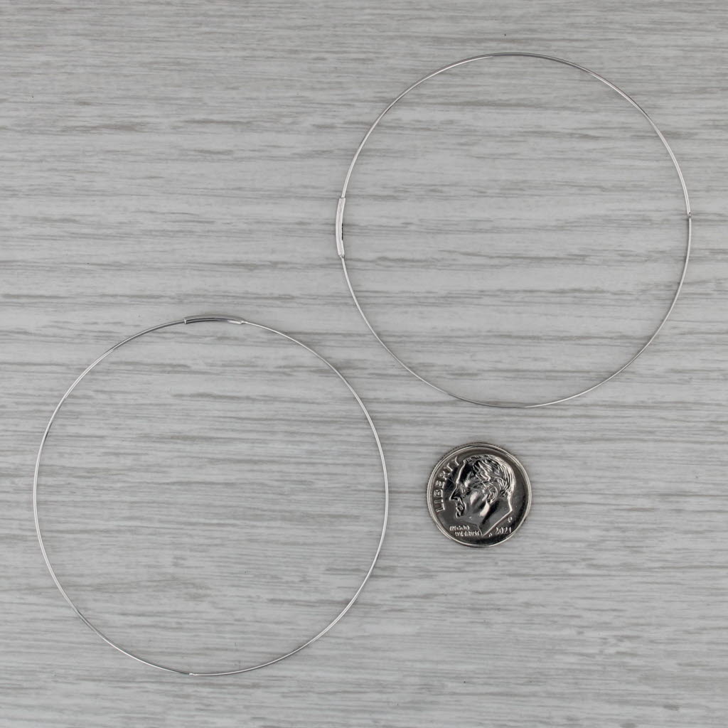 Large Thin Wire Hoop Earrings 14k White Gold 60 x 1.7mm Round Hoops