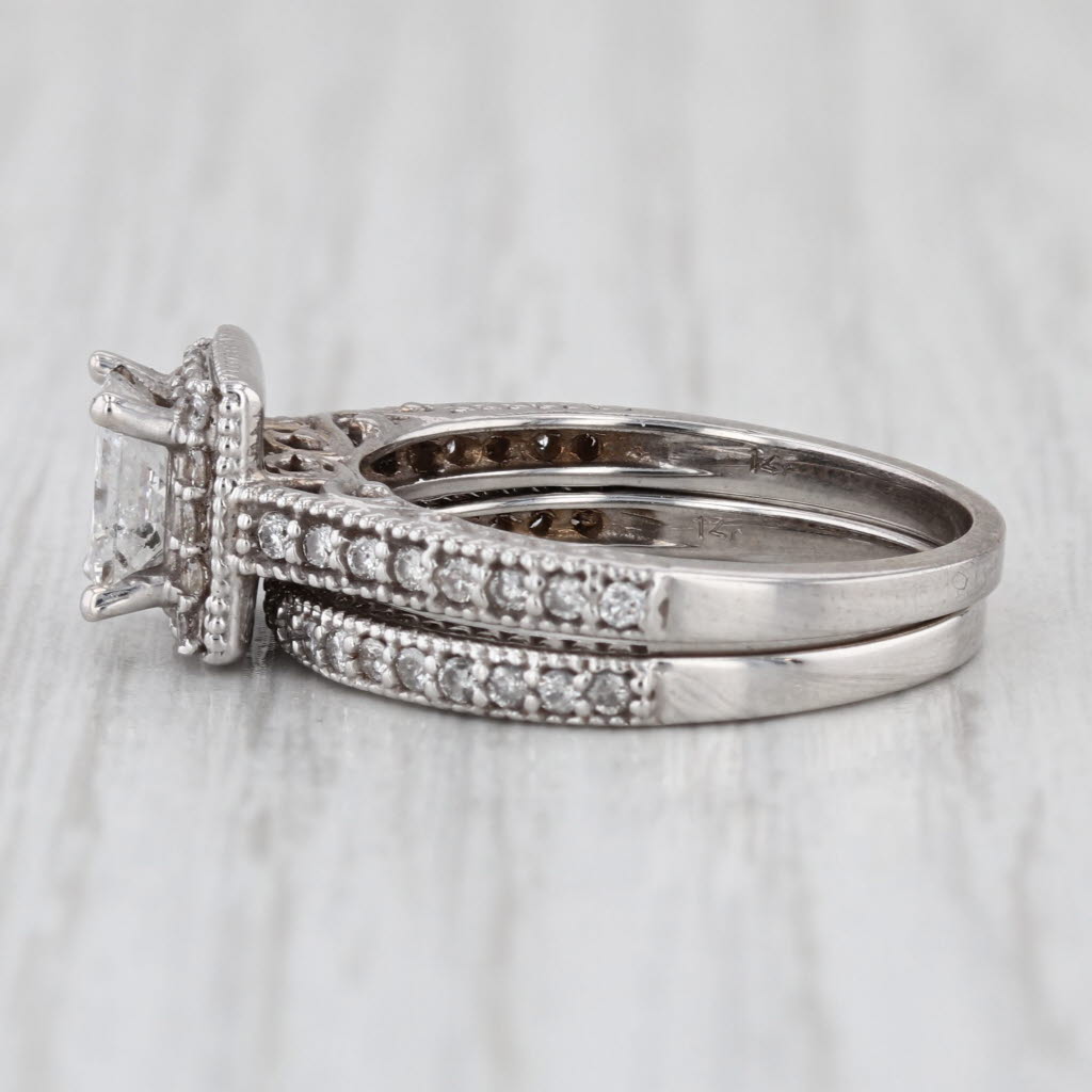 1.50ctw Princess Diamond Halo Engagement Ring Wedding Band Set 14k White Gold