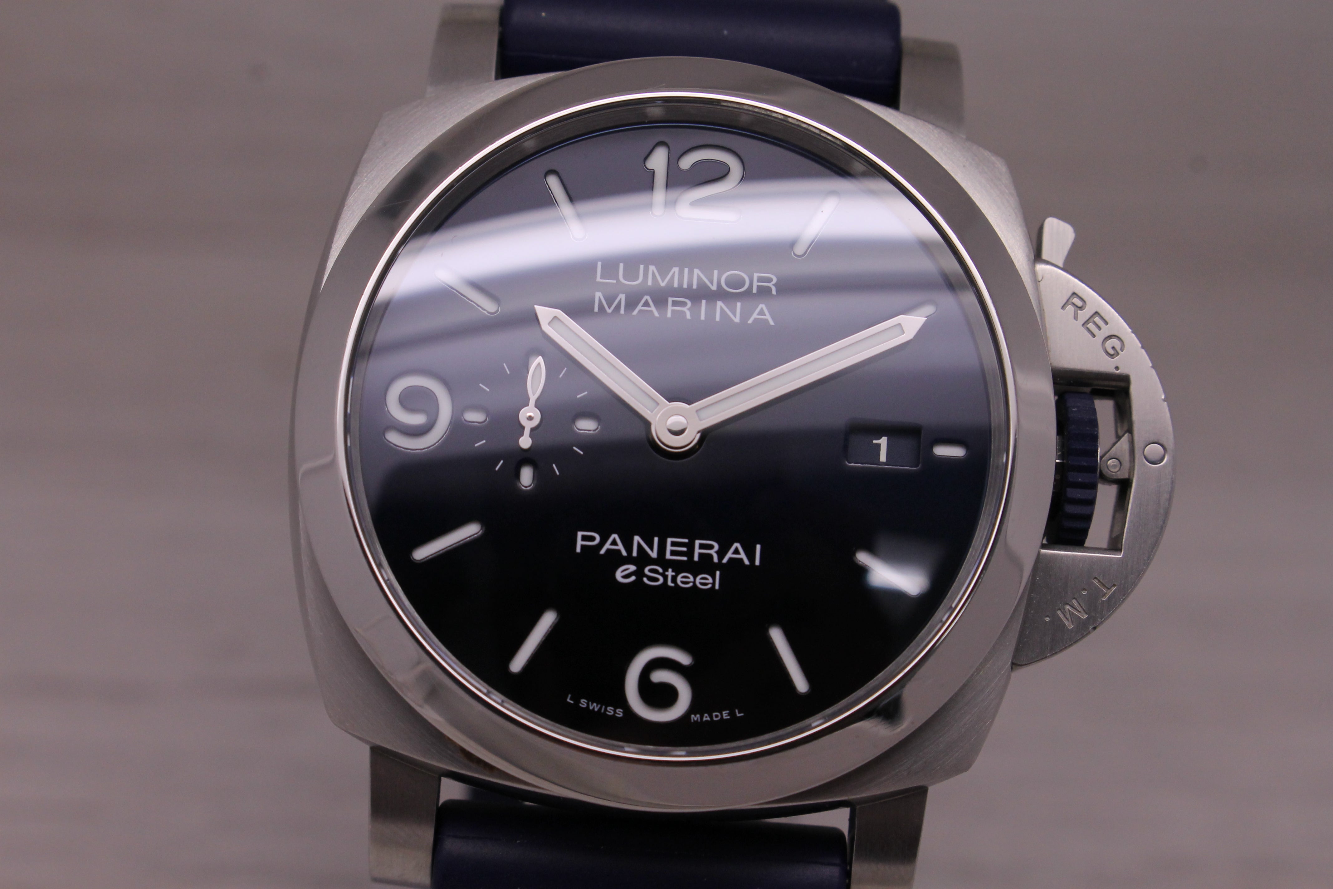 Dim Gray Panerai E-Steel Luminor Marina Blu Profundo Mens Steel Watch w/ Box PAM01157
