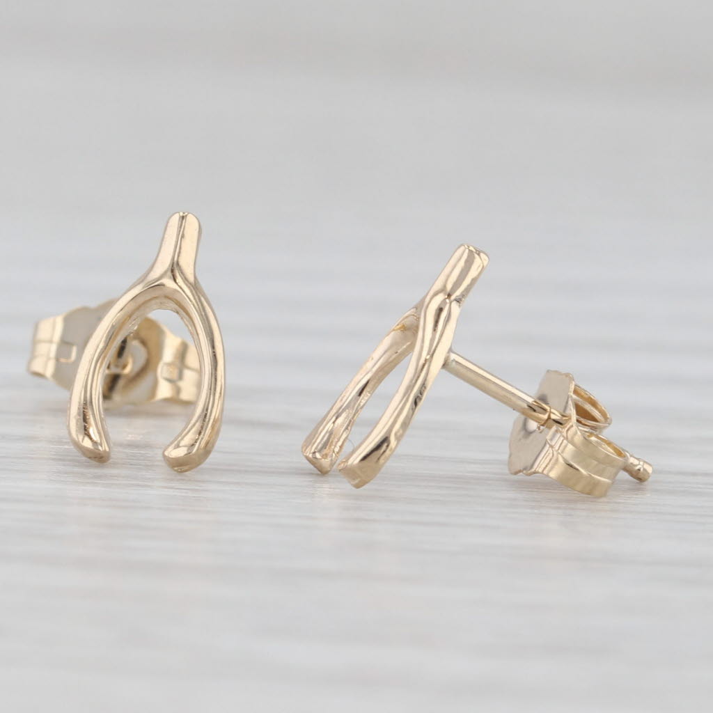 Light Gray Small Wishbone Stud Earrings 14k Yellow Gold