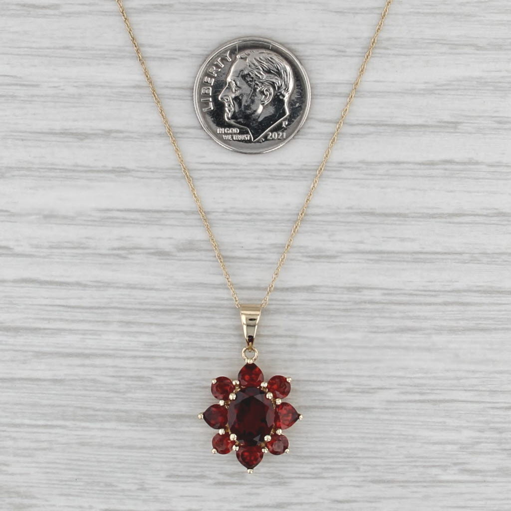 4.35ctw Garnet Flower Pendant Necklace 14k Yellow Gold 19" Rope Chain