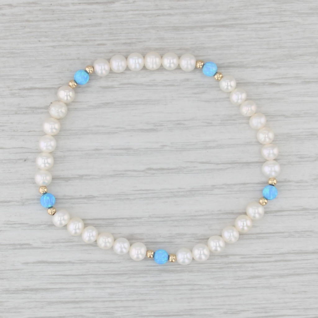New Cultured Pearl Lab Created Blue Opal Strand Bracelet 6.5" Stretchy