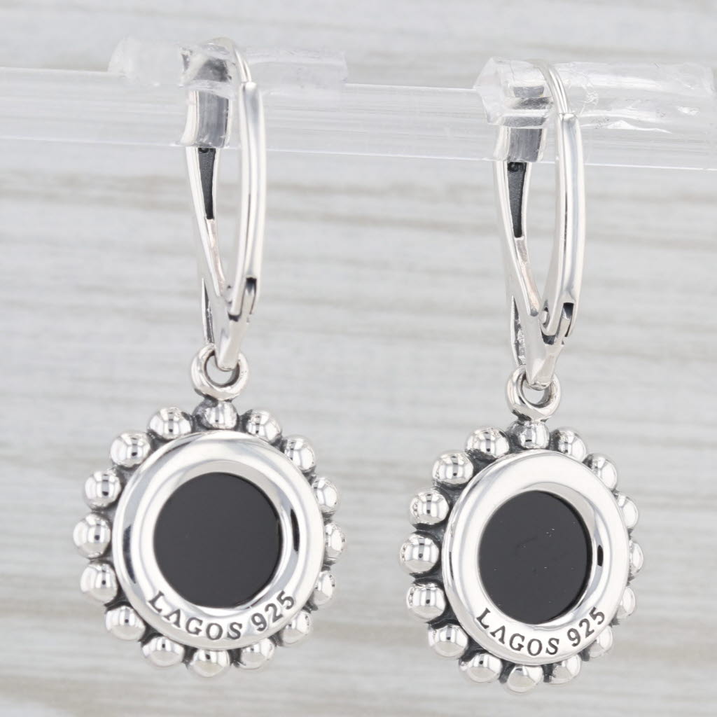 Light Gray New Lagos Maya Small Onyx Circle Drop Earrings Sterling Silver Pouch Tags Cloth