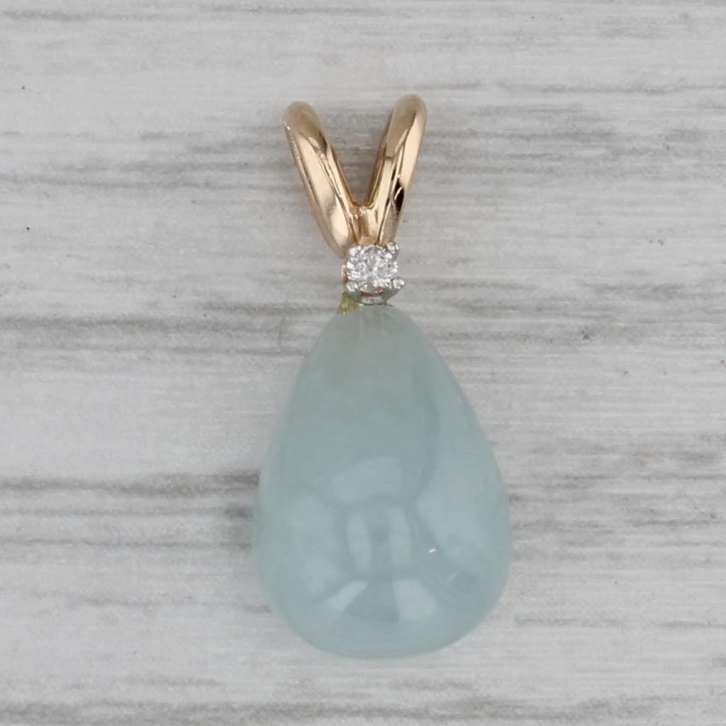 Dark Gray Green Jadeite Jade Teardrop Pendant 14k Yellow Gold Diamond Accent