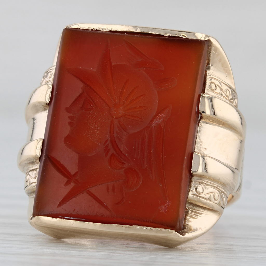 Saddle Brown Vintage Sard Carnelian Intaglio Ring 10k Yellow Gold Size 8.5 Signet Vintage