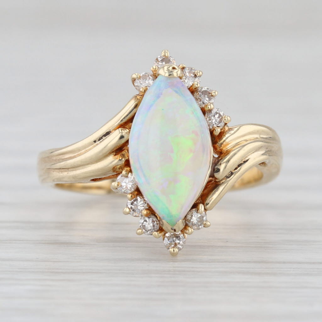 Marquise Opal Cabochon Diamond Ring 14k Yellow Gold Bypass Size 5.5