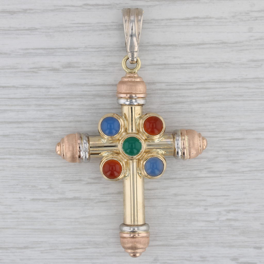 Gray Large Gemstone Cross Pendant 14k Yelow Rose White Gold Multicolor Chalcedony