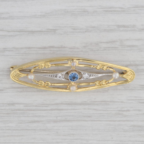 Antique Blue Sapphire Seed Pearl Diamond Ornate Brooch 15k Gold Platin