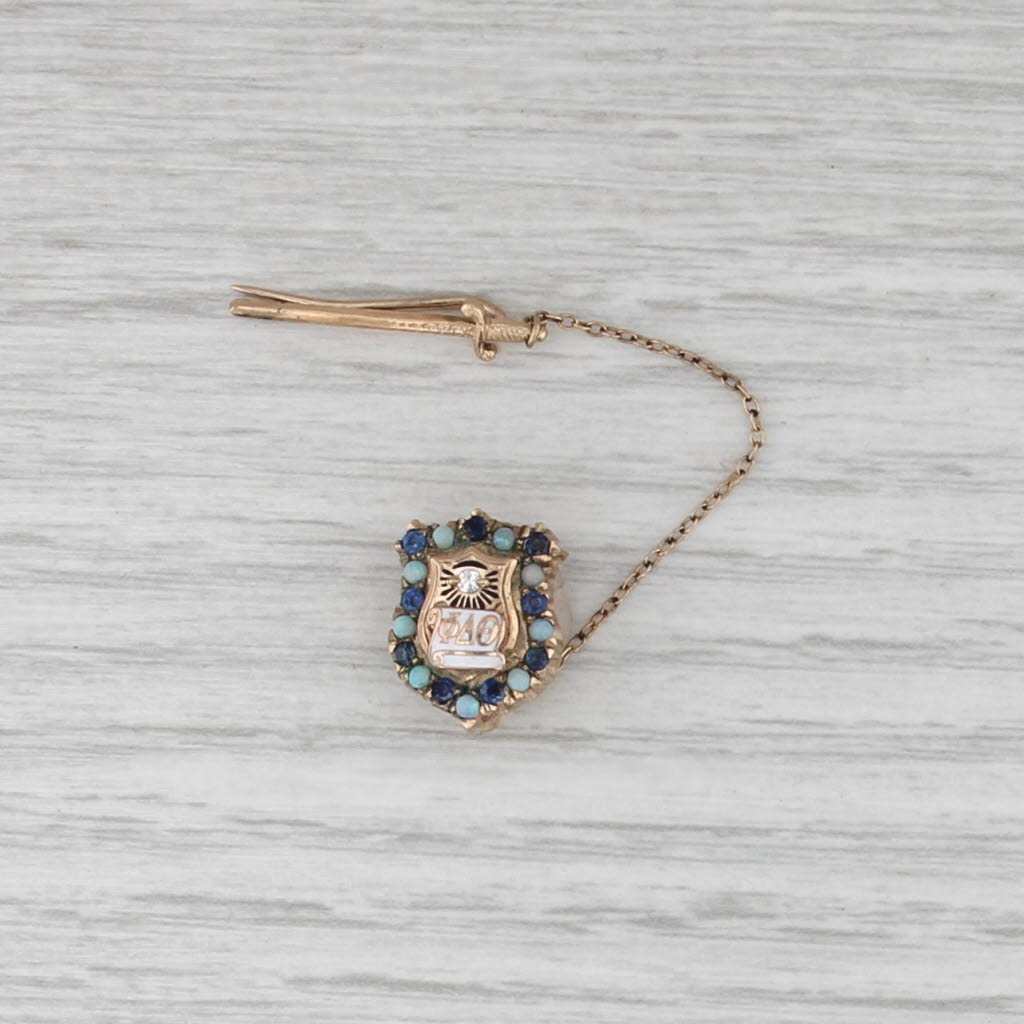 Phi Delta Theta Badge 14k Gold Sapphire Opal Diamond Shield Sword Fraternity Pin
