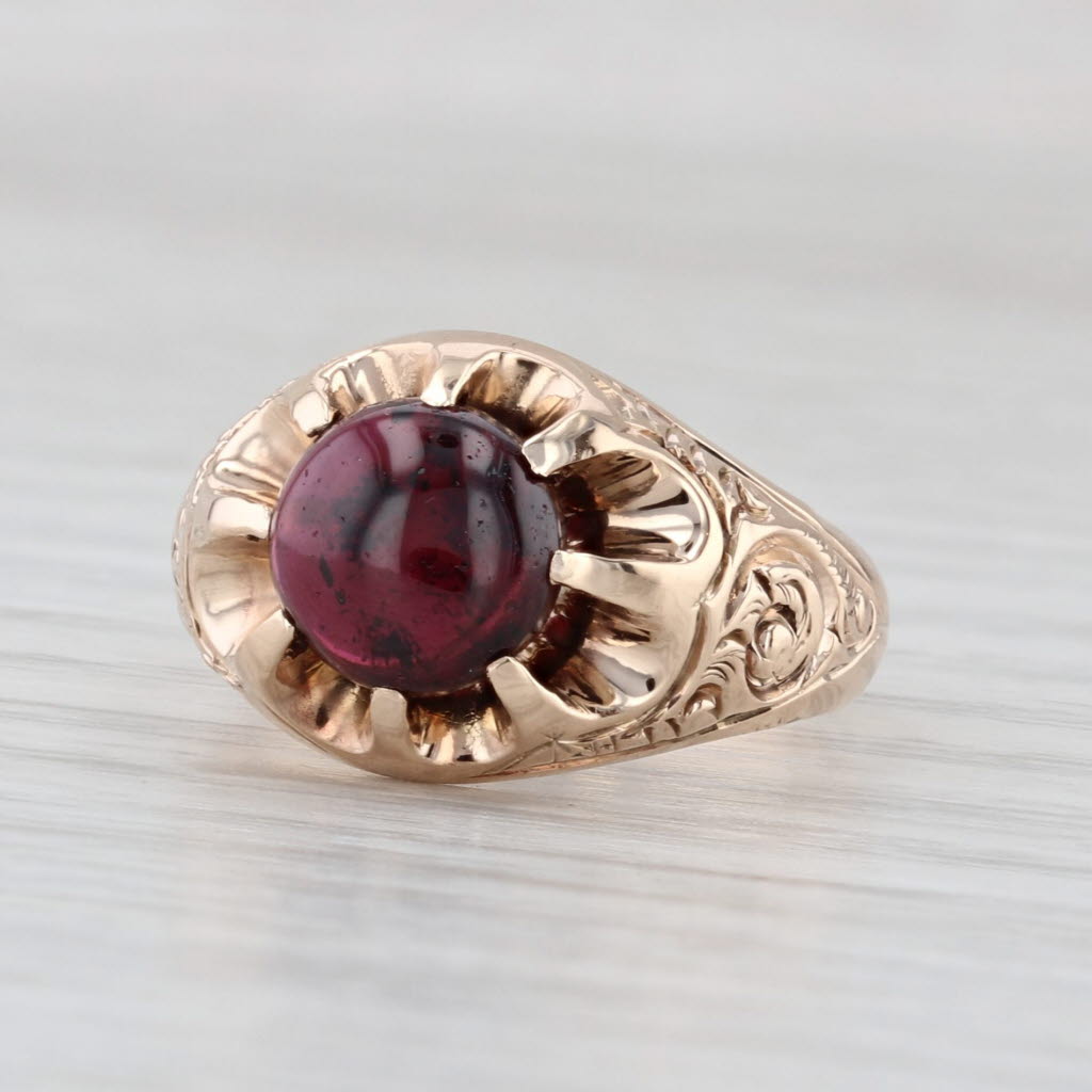 Antique Garnet Solitaire Ring 9k-10k Gold Ornate Floral Pattern Belcher Setting