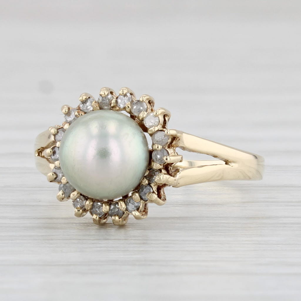 Light Gray Cultured Pearl Diamond Halo Ring 14k Yellow Gold Size 5.5