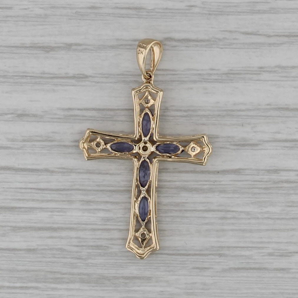1.02ctw Tanzanite Diamond Cross Pendant 10k Yellow Gold Beveled