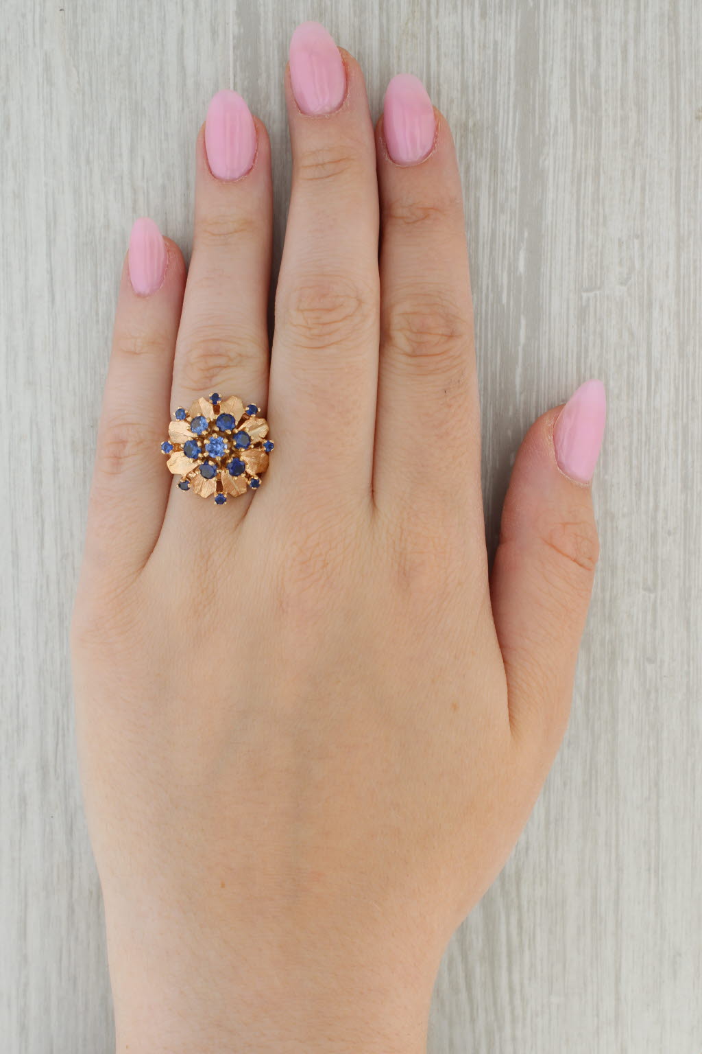 Tan Lab Created Blue Sapphire Flower Cluster Ring 14k Yellow Gold Cocktail Size 7.5