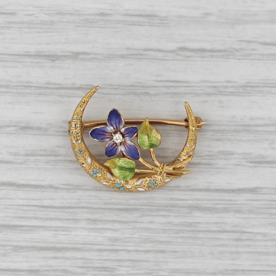 Vintage Crescent Moon Flower Brooch 14k Yellow Gold Enamel Diamond Floral Pin