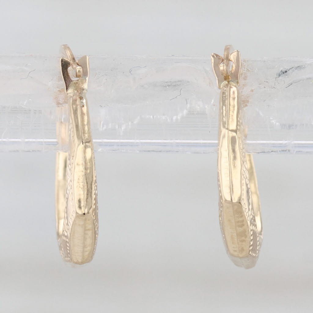 Beveled Etched Small Hoop Huggie Earrings 14k Yellow Gold Snap Top Round Hoops