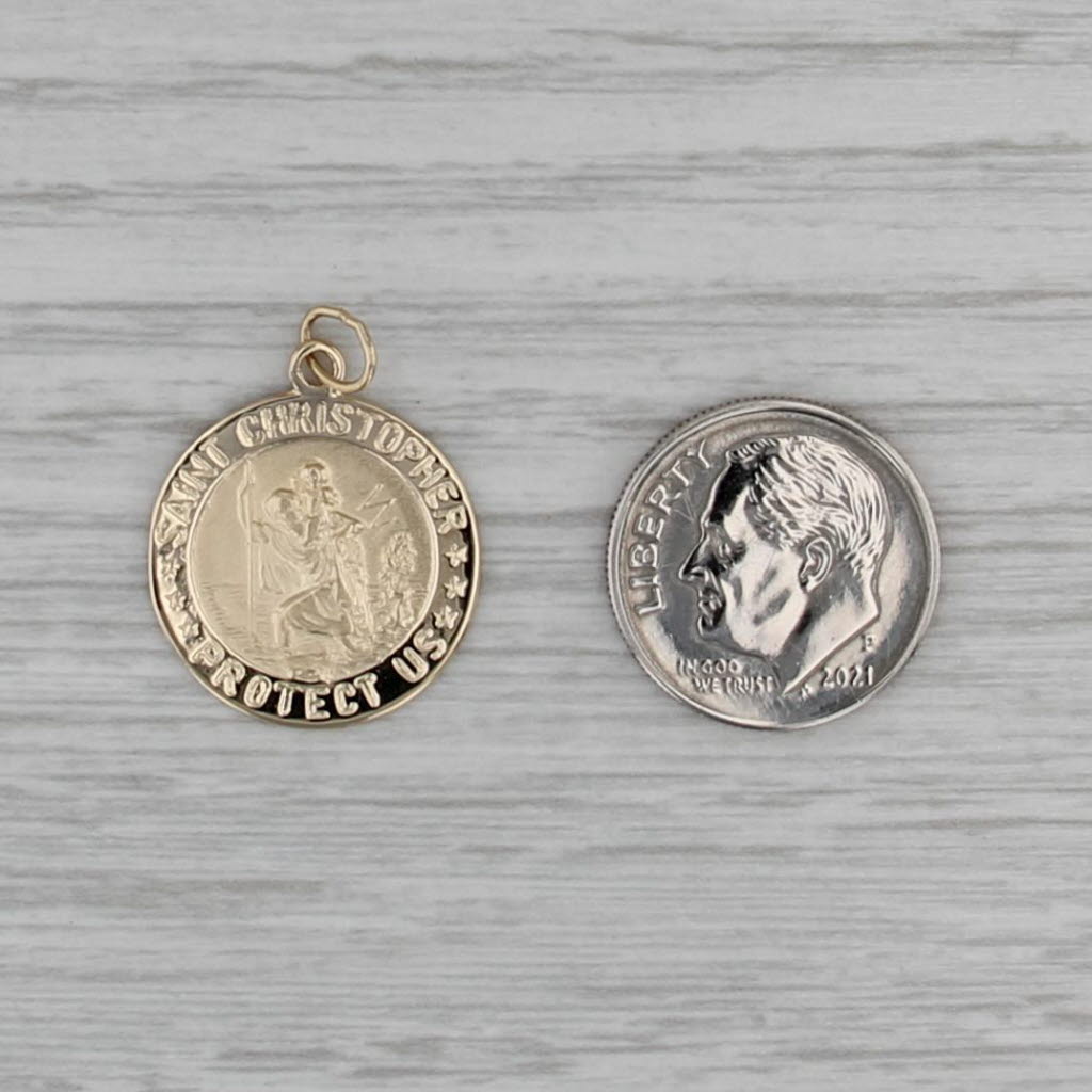 Saint Christopher Protect Us Charm 14k Yellow Gold Pendant Catholic Token