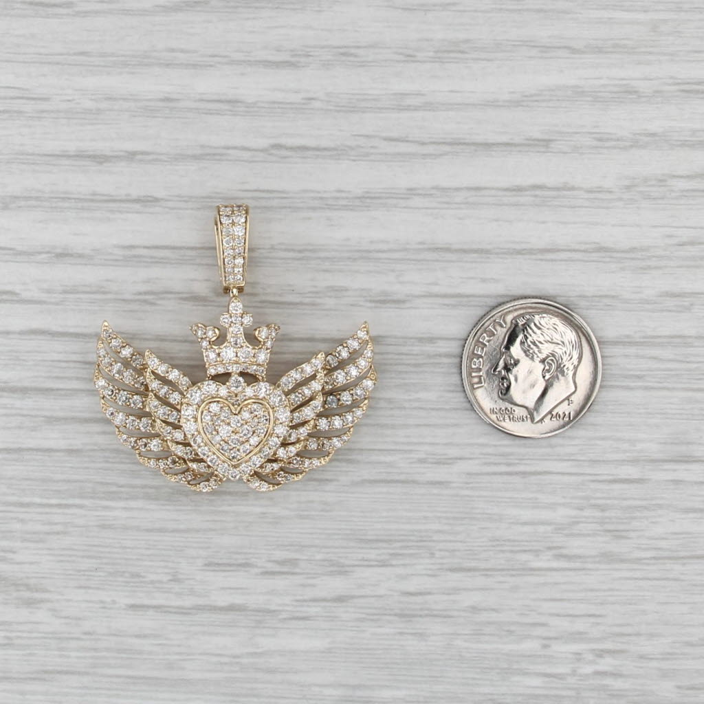 New 2ctw Diamond Crown Heart Wings Pendant 10k Yellow Gold Statement