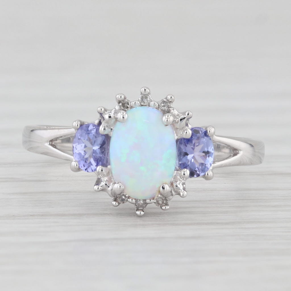 Light Gray Lab Created Opal Tanzanite Diamond Ring 10k White Gold Size 7