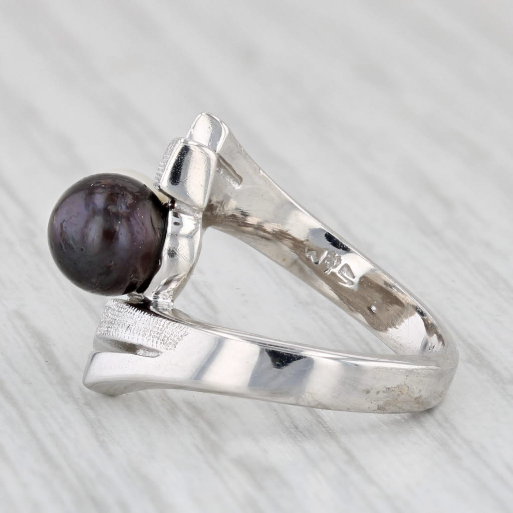 Light Gray Cultured Black & White Pearl Bypass Ring 14k White Gold Size 3.5