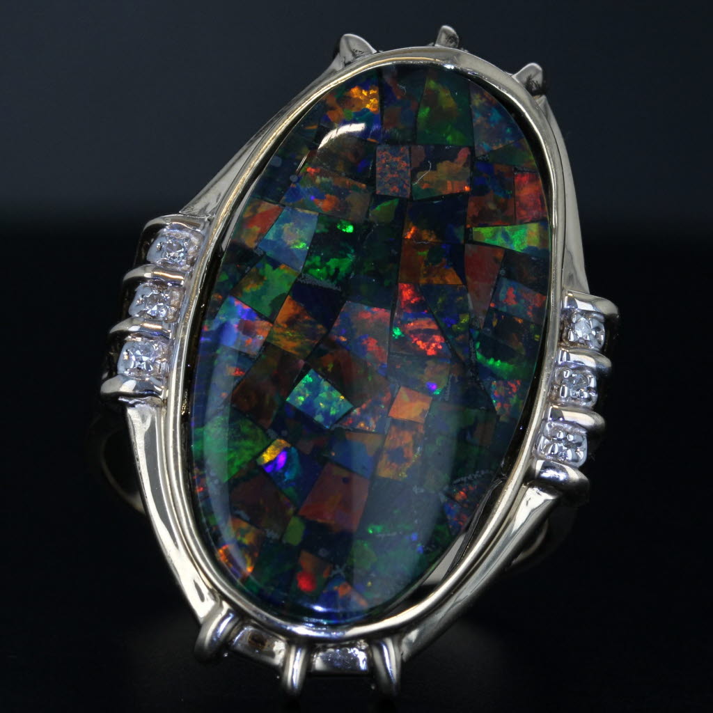 Black Colorful Mosaic Opal Triplet Diamond Ring 14k Yellow Gold Cocktail Statement Size 9