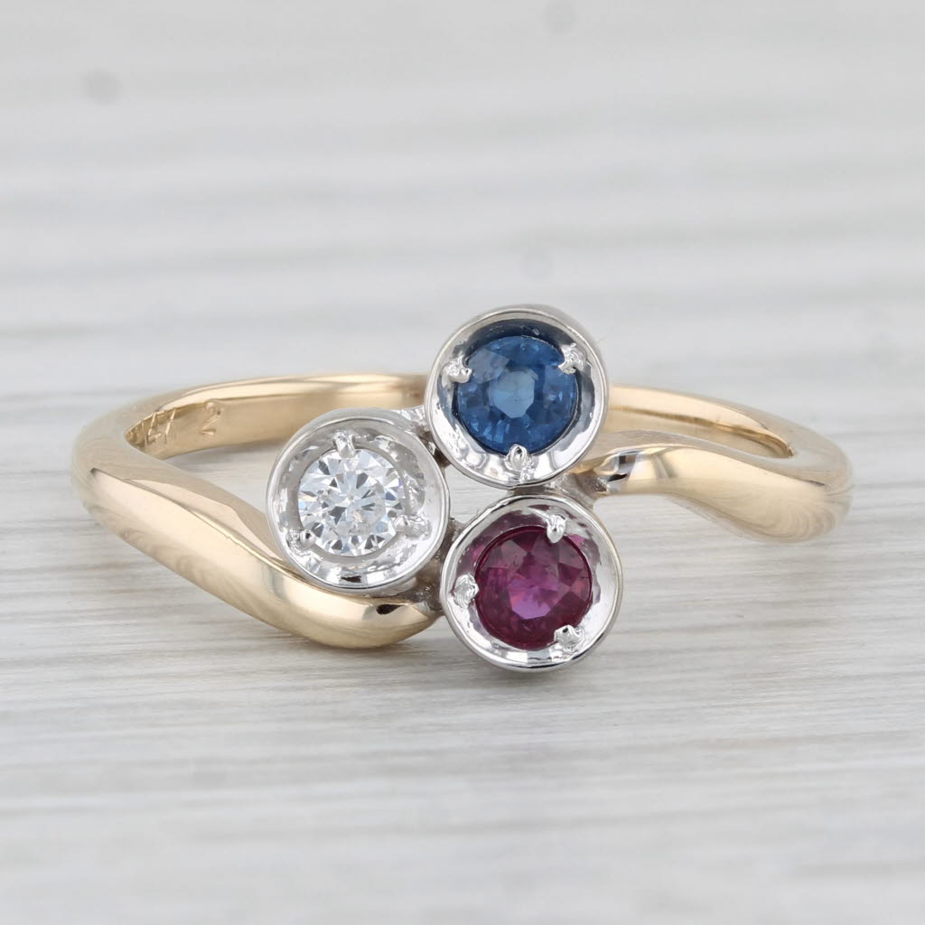 Light Gray Vintage 0.30ctw Ruby Sapphire Diamond 3-Stone Ring 14k Gold Size 6.5 Patriotic