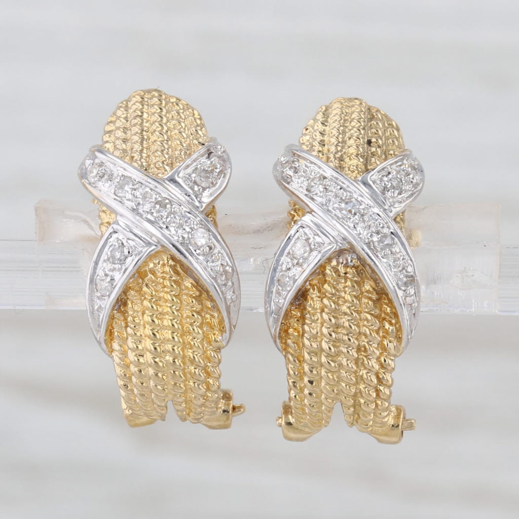 Diamond Crossover Drop Earrings 18k Yellow White Gold Pierced Omega Backs