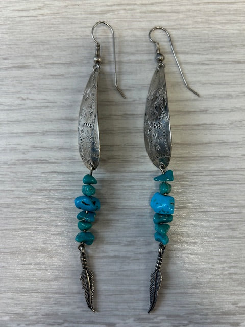 Dark Gray Vintage Turquoise Bead Feather Dangle Earrings Sterling Silver Native Americans