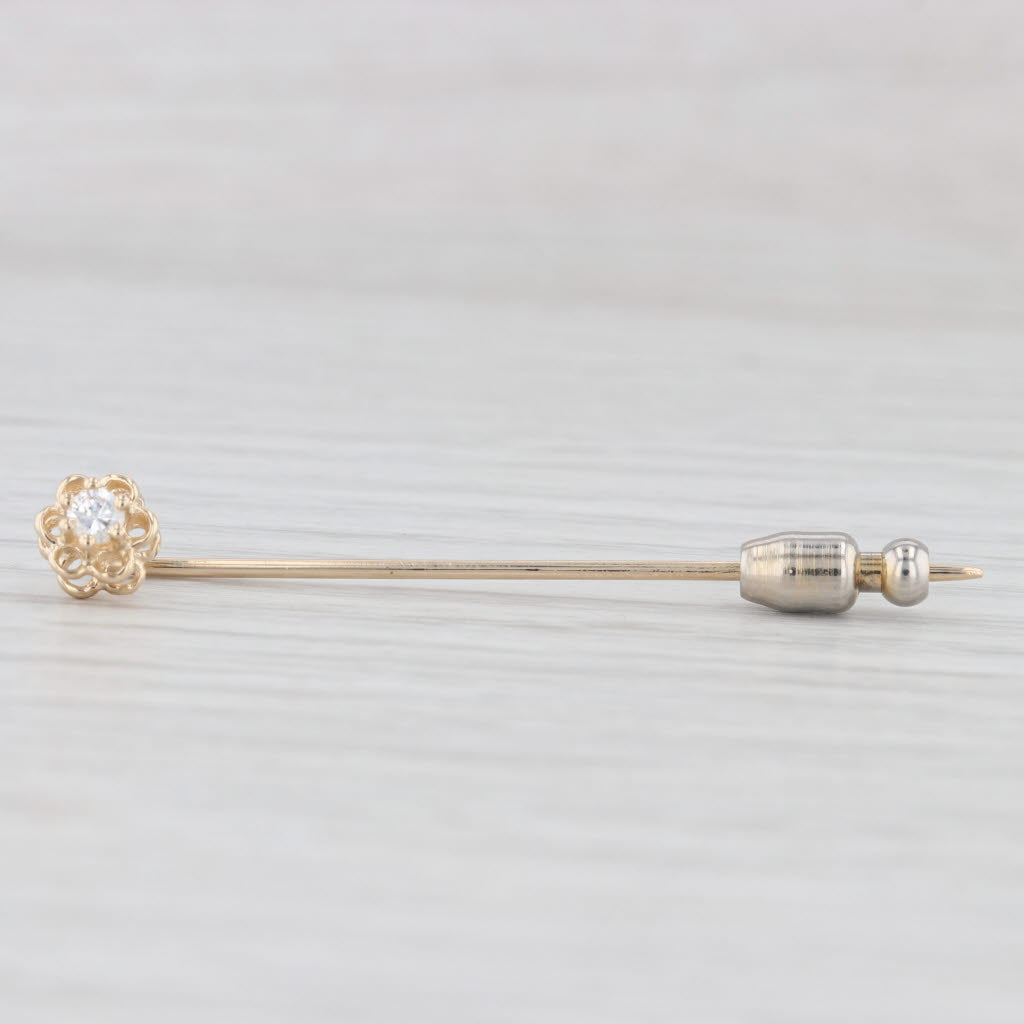 Light Gray Vintage Diamond Solitaire Flower Stickpin 14k Yellow Gold