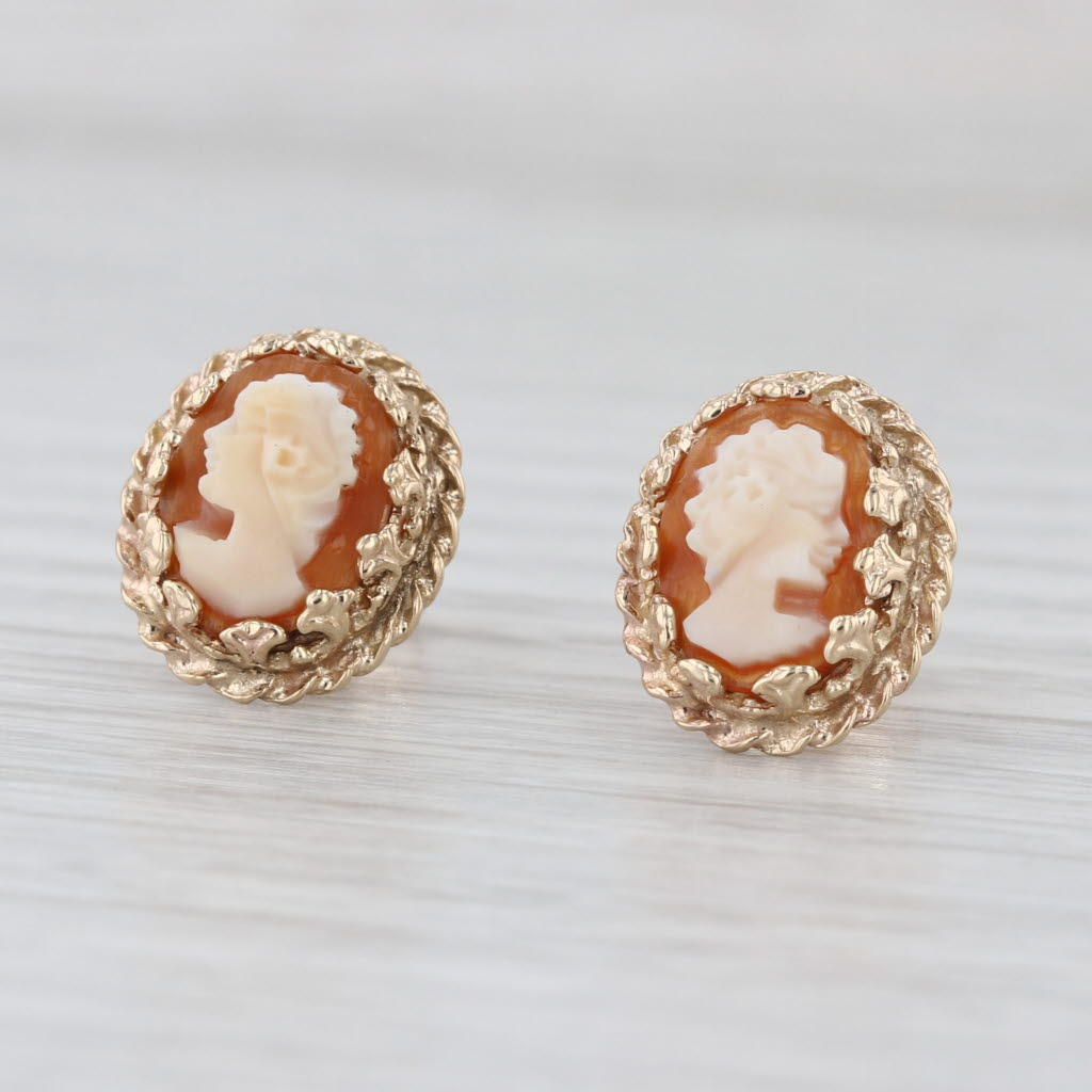 Vintage Carved Shell Cameo Stud Earrings 14k Yellow old Ornate Figural Studs