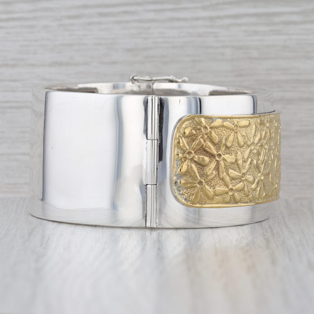 Chunky Flower Bangle Bracelet Sterling silver 22k Gold Statement 7" Greece