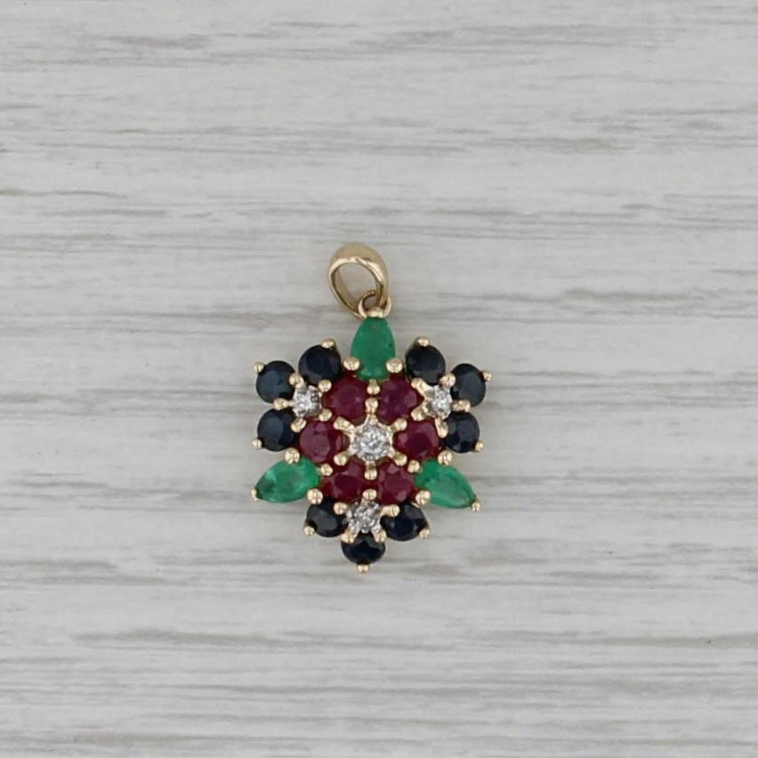 2.78ctw Ruby Sapphire Emerald Diamond Gemstone Flower Pendant 14k Yellow Gold