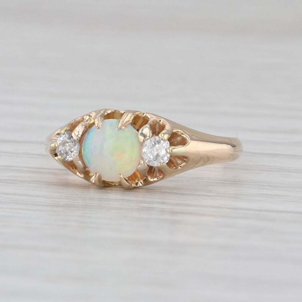Antique Opal Cabochon Diamond Ring 14k Yellow Gold Size 5.25