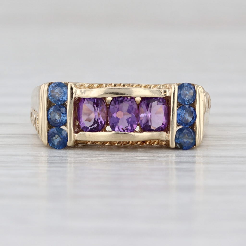 0.90ctw Blue Sapphire Amethyst Ring 10k Yellow Gold Size 6 Vintage