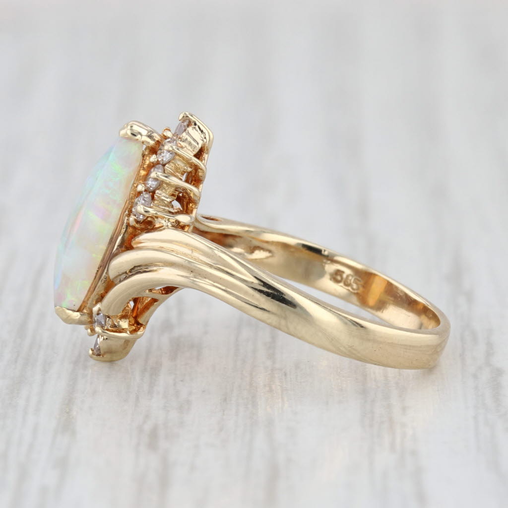 Marquise Opal Cabochon Diamond Ring 14k Yellow Gold Bypass Size 5.5