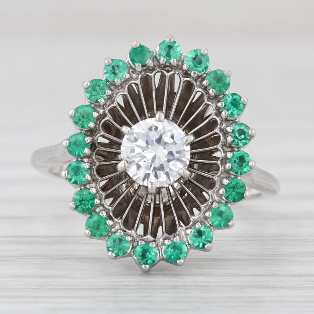 Jabel 0.86ctw Emerald Diamond Halo Engagement Ring 18k White Gold Size 6.25