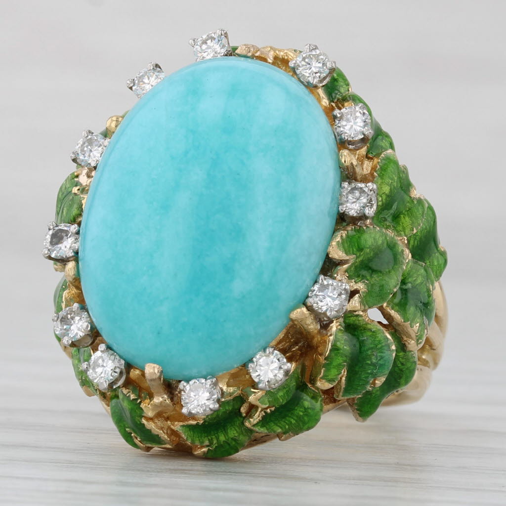 Gray Vintage Amazonite Diamond Ring 18k Yellow Gold Size 6.75 Jack Gutschneider