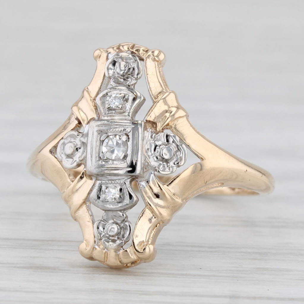 Light Gray Vintage Ornate Diamond Ring 14k White Yellow Gold Size 6.5