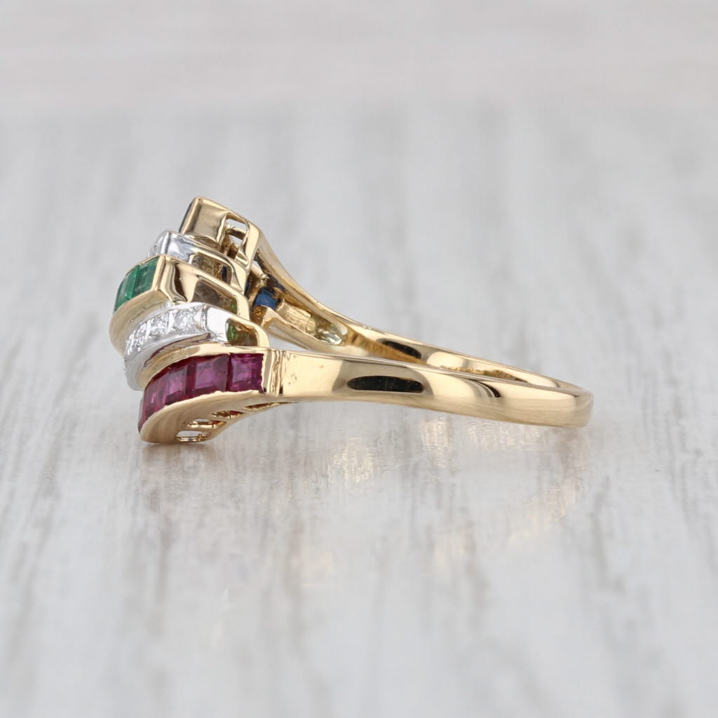 1.07ctw Ruby Emerald Sapphire Diamond Bypass Ring 18k Yellow Gold Size 6