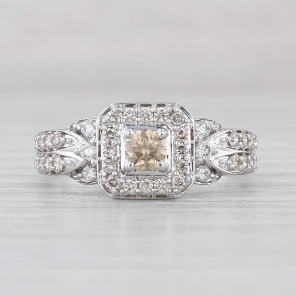 Champagne White Diamond Halo Engagement Ring 14k White Gold Size 9.25