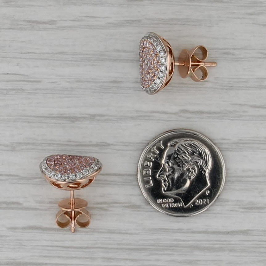 1.16ctw White Pink Contoured Diamond Stud Earrings 18k Rose Gold Heart Accents