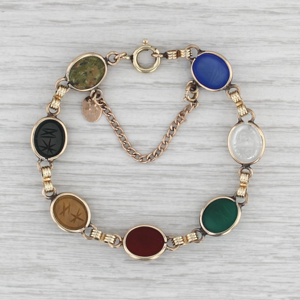 Vintage Carved Scarab Link Bracelet /1/12 12k Gold Filled 7.5" Chalcedony Quartz